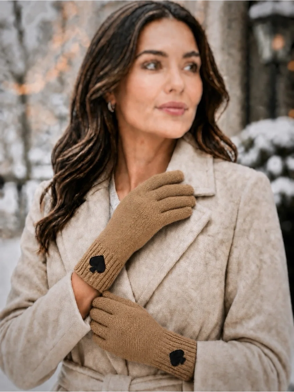 Kate Spade Flocked Spade Knit Gloves Light Tobacco Tan/Camel One Size NWT